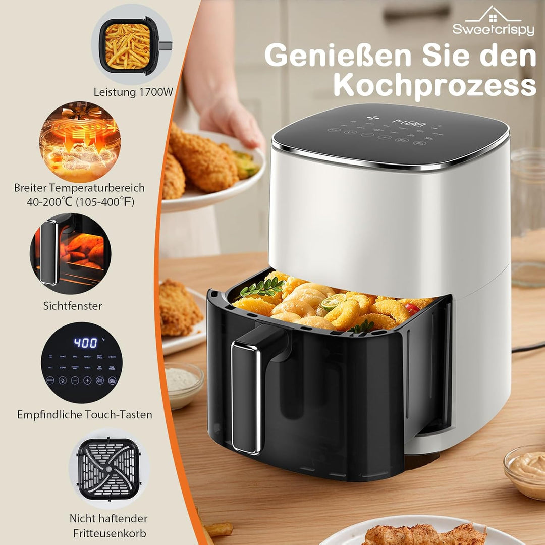 Sweetcrispy Heissluftfritteuse Airfryer 6L mit Sichtfenster, 12-in-1 Funktionen & Touchscreen Air Fr