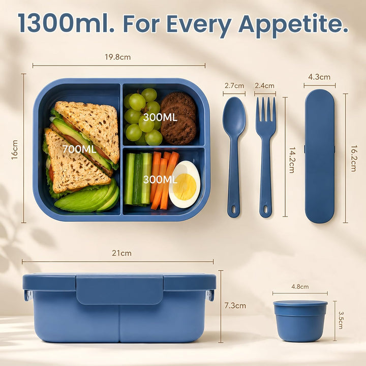 Bugucat Bento Box für Erwachsene Kinder 1300 ml, Auslaufsichere Lunchbox mit 3 Fächern, BPA-freie Br