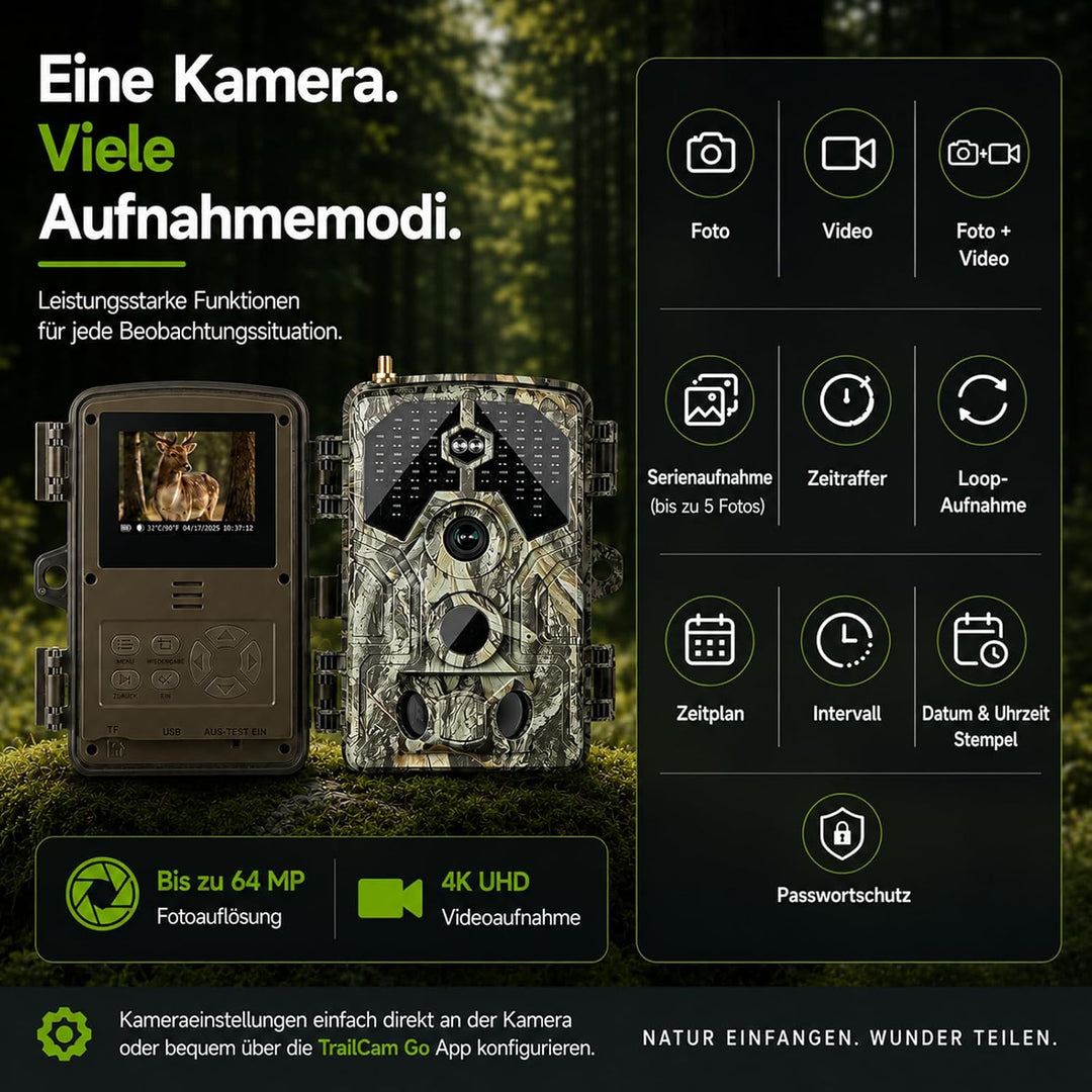 Wildkamera mit Handyübertragung App – 4K Video & 64MP Fotos – WLAN & Bluetooth – Wildtierkamera mit