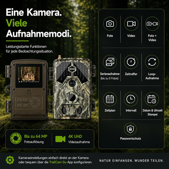 Wildkamera mit Handyübertragung App – 4K Video & 64MP Fotos – WLAN & Bluetooth – Wildtierkamera mit