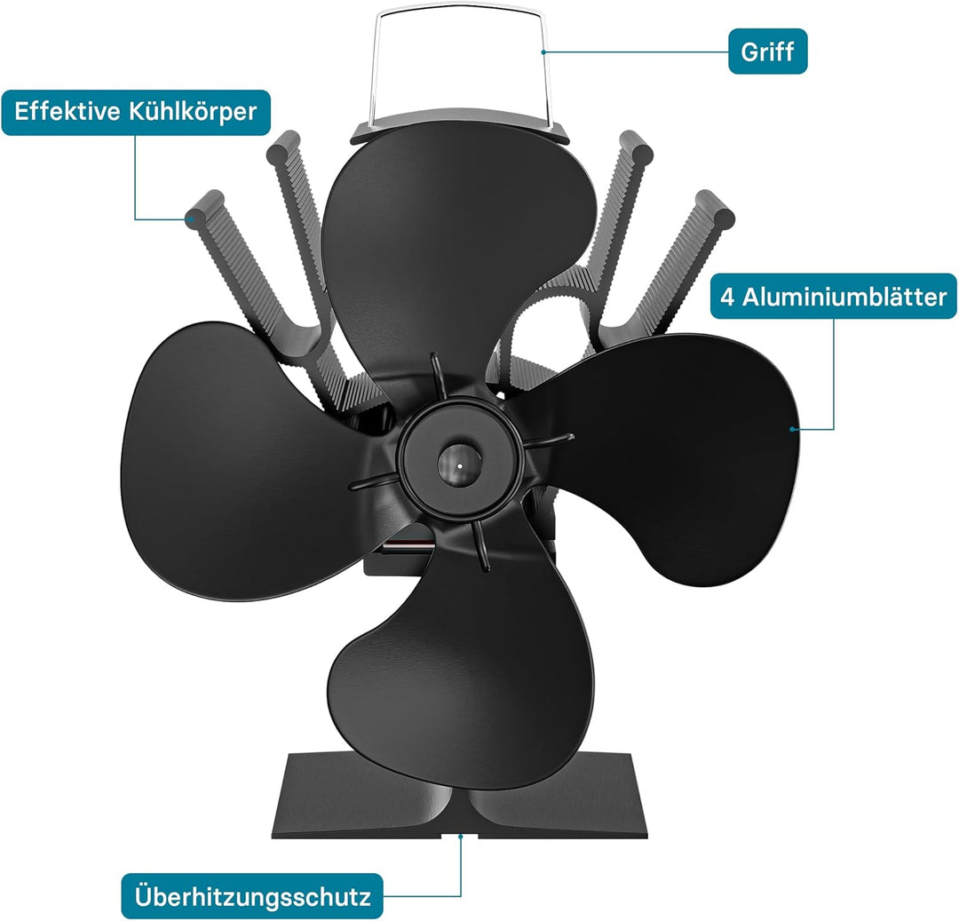 Wiltec Kaminofen Ventilator 4 Flügel Gebläse für Ofen 70-350°C Kaminventilator stromlos