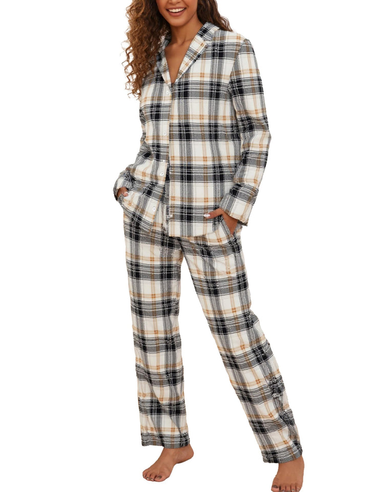 Famulily Frauen Langarm Pyjama Set Plaid Loungewear Sets Button Up Top und Wide Leg Hosen S-XXL M Be