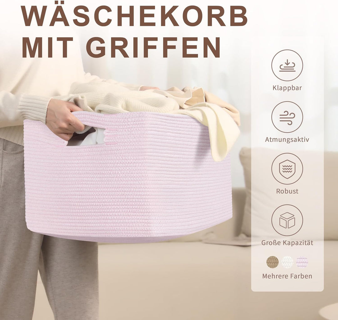 Grosser 72L Aufbewahrungskorb aus Baumwollseil, Mädchen Korb für Spielzeug Decken, Wäschekorb Gefloc