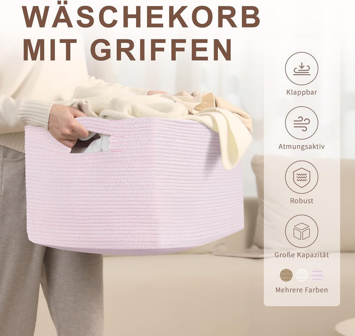 Grosser 72L Aufbewahrungskorb aus Baumwollseil, Mädchen Korb für Spielzeug Decken, Wäschekorb Gefloc