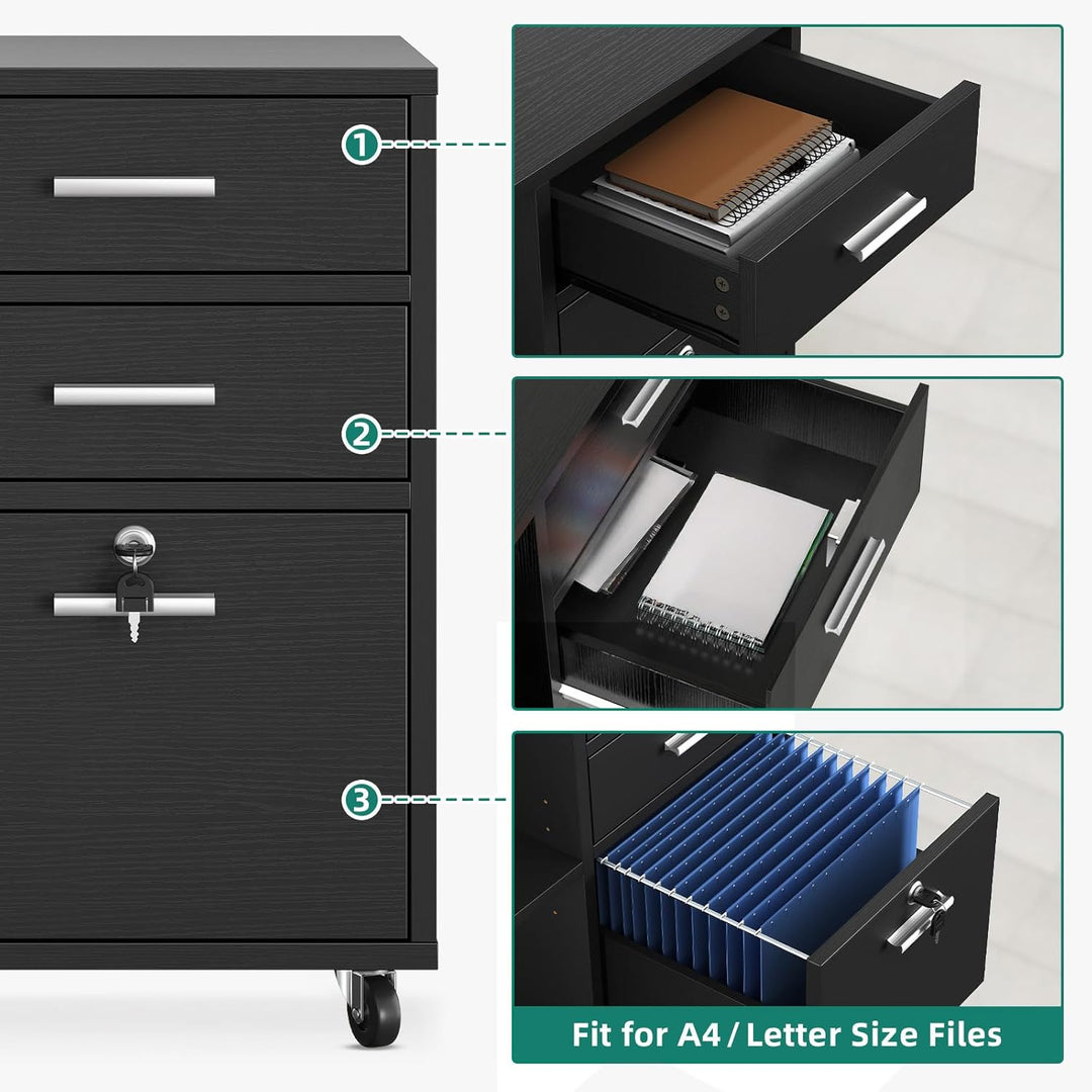 YITAHOME Mobiler Aktenschrank mit 3 Schubladen, Rollbarer Aktenschrank für Home Office, Holzaufbewah