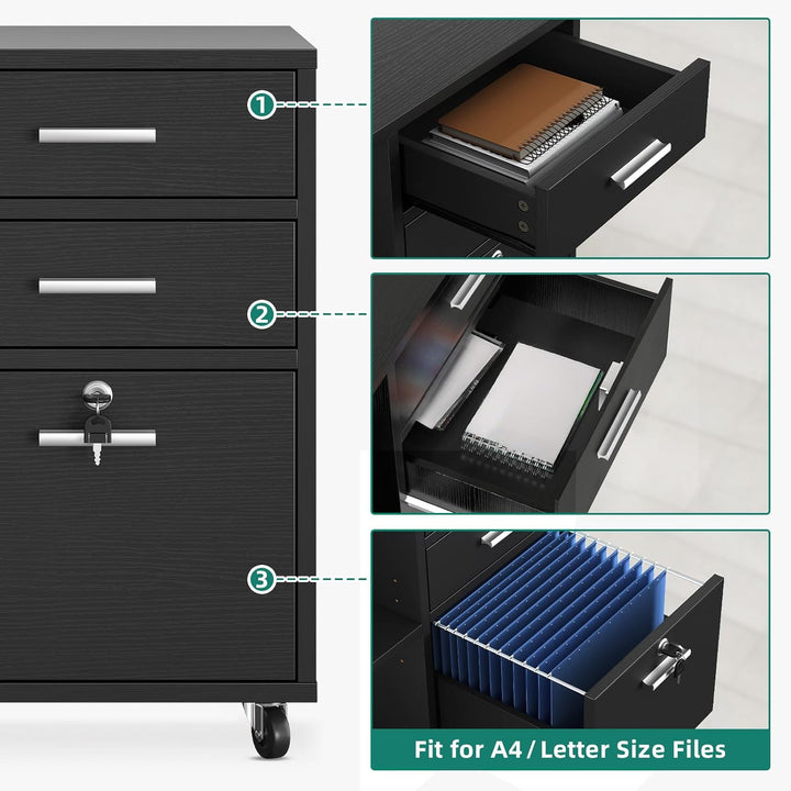 YITAHOME Mobiler Aktenschrank mit 3 Schubladen, Rollbarer Aktenschrank für Home Office, Holzaufbewah
