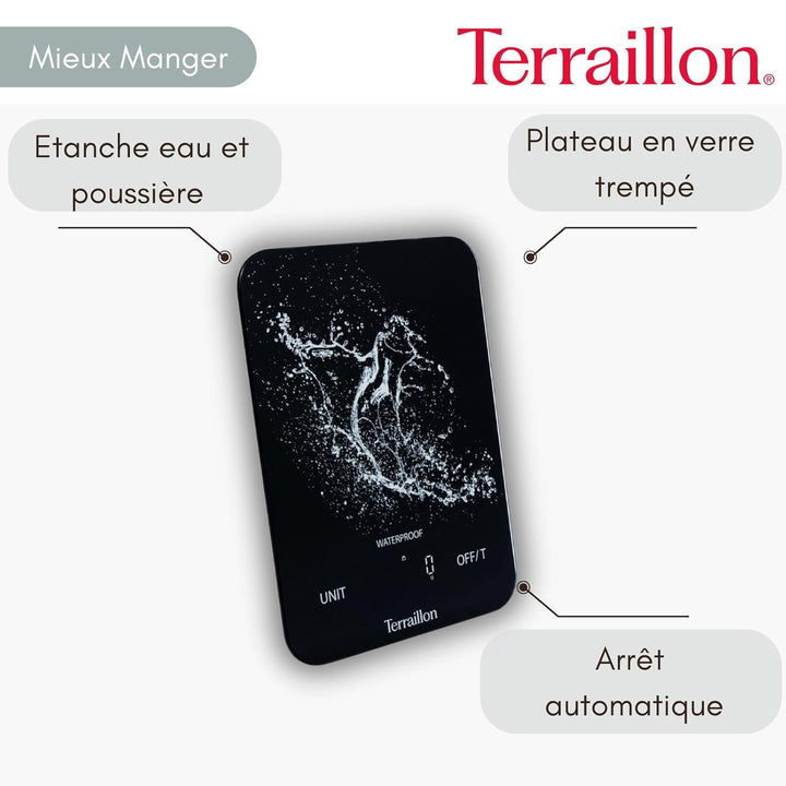 TERRAILLON - AQUA RESIST – Elektronische Küchenwaage, wasserdicht IP67, Display Magic LED mit Hinter