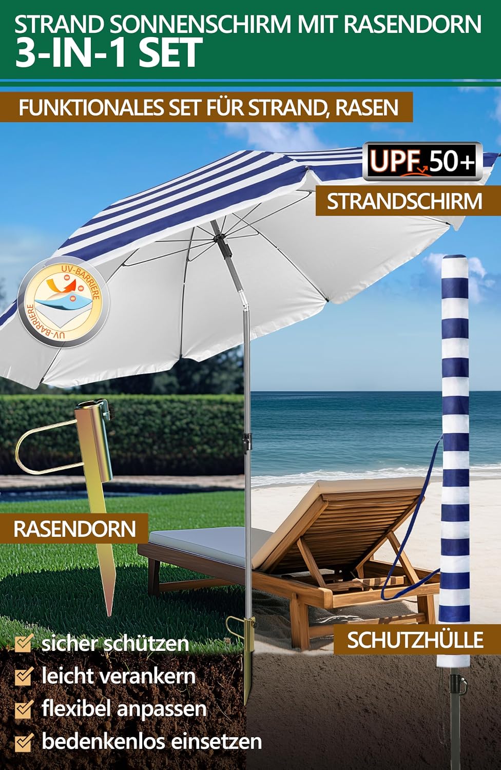 4smile Sonnenschirm Strand 3-IN-1 SET mit Rasendorn, Ø 180 cm, Blau-Weiss | Strandschirm windfest st