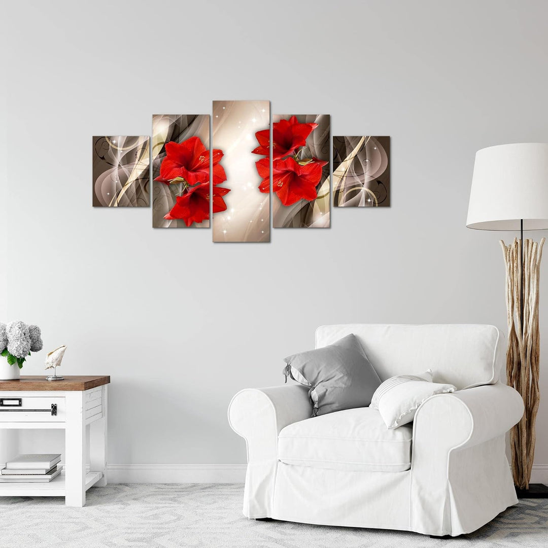 Runa Art Wandbilder Blumen Lilien 5 Teilig Bild auf Vlies Leinwand Deko Wohnzimmer Abstrakt Rot Beig