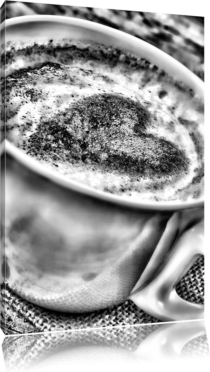 Monocrome, Kaffe mit Herz, Format: 100x70 auf Leinwand, XXL riesige Bilder fertig gerahmt mit Keilra