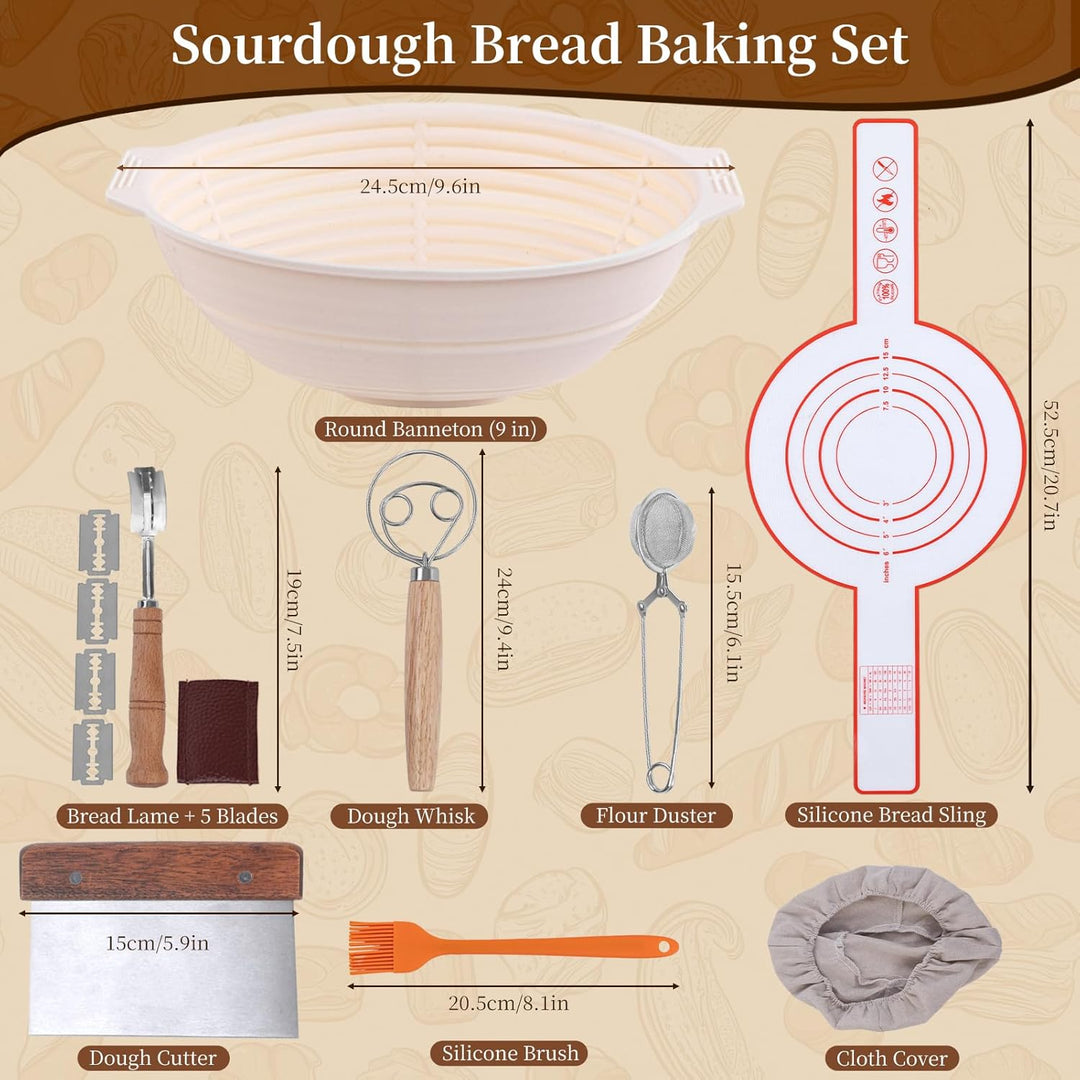 Brot Gärkorb Set, 23cm Rund Brotkörbchen, Sauerteig-Gärkorb inkl. Teigschaber, Leineneinsatz, Teigrü