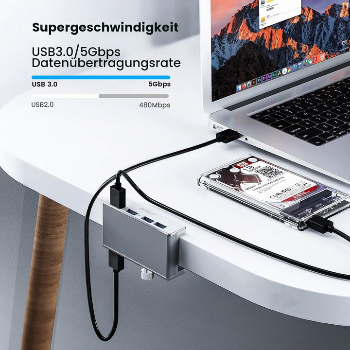 ORICO USB 3.0 Hub 4 Port, Aluminium SuperSpeed Datenhub Mit Extra Netzteilanschluss Port für Desktop