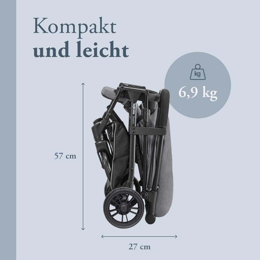 Inglesina Sketch Kinderwagen Leicht und Kompakt, Grau, Bequem, bis zu 17kg, Einhand-Faltung, UPF 50+