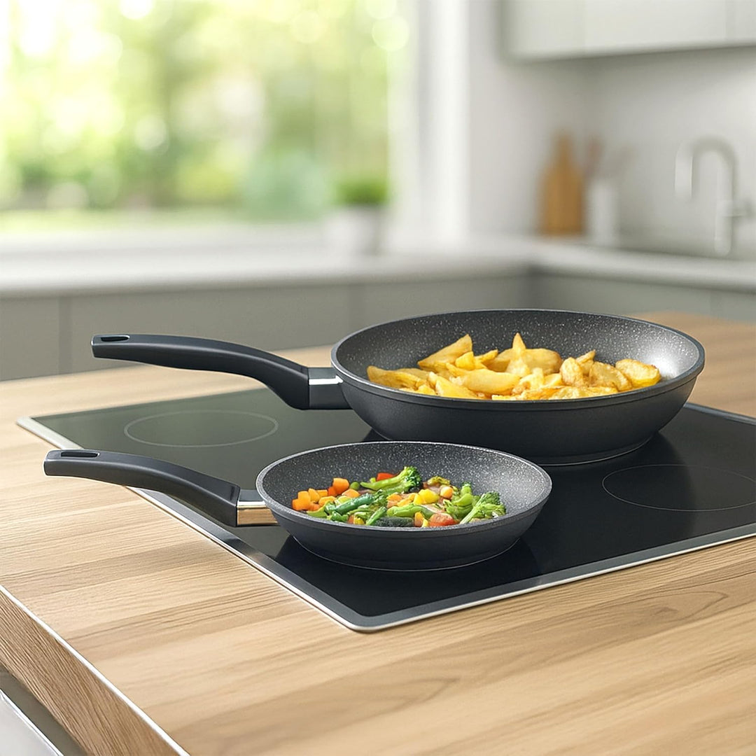 STONELINE Pfannenset 2 teilig, 20/28 cm, Antihaft beschichtete Pfanne mit echten Steinpartikeln, Pfa