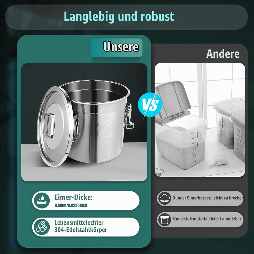 12L Luftdichter Eimer mit Deckel, Lebensmittel Edelstahl Eimer Küche Getreidebehälter, Behälter Mehl