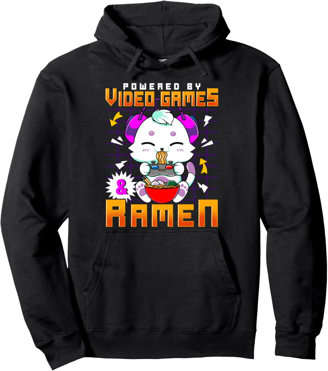 Powered By Video Games & Ramen Anime Kawaii Cat Gamer Pullover Hoodie