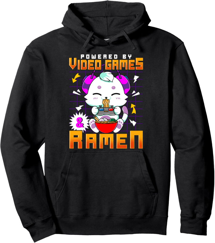 Powered By Video Games & Ramen Anime Kawaii Cat Gamer Pullover Hoodie