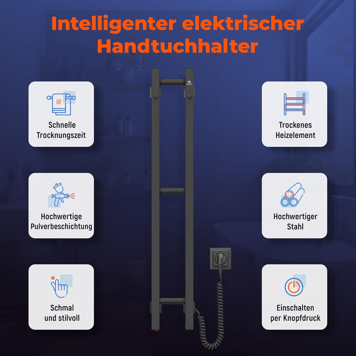 NAVIN Elektrischer Handtuchtrockner Silouette Quadro 160x1000 - Schwarz aus robustem Kohlenstoffstah