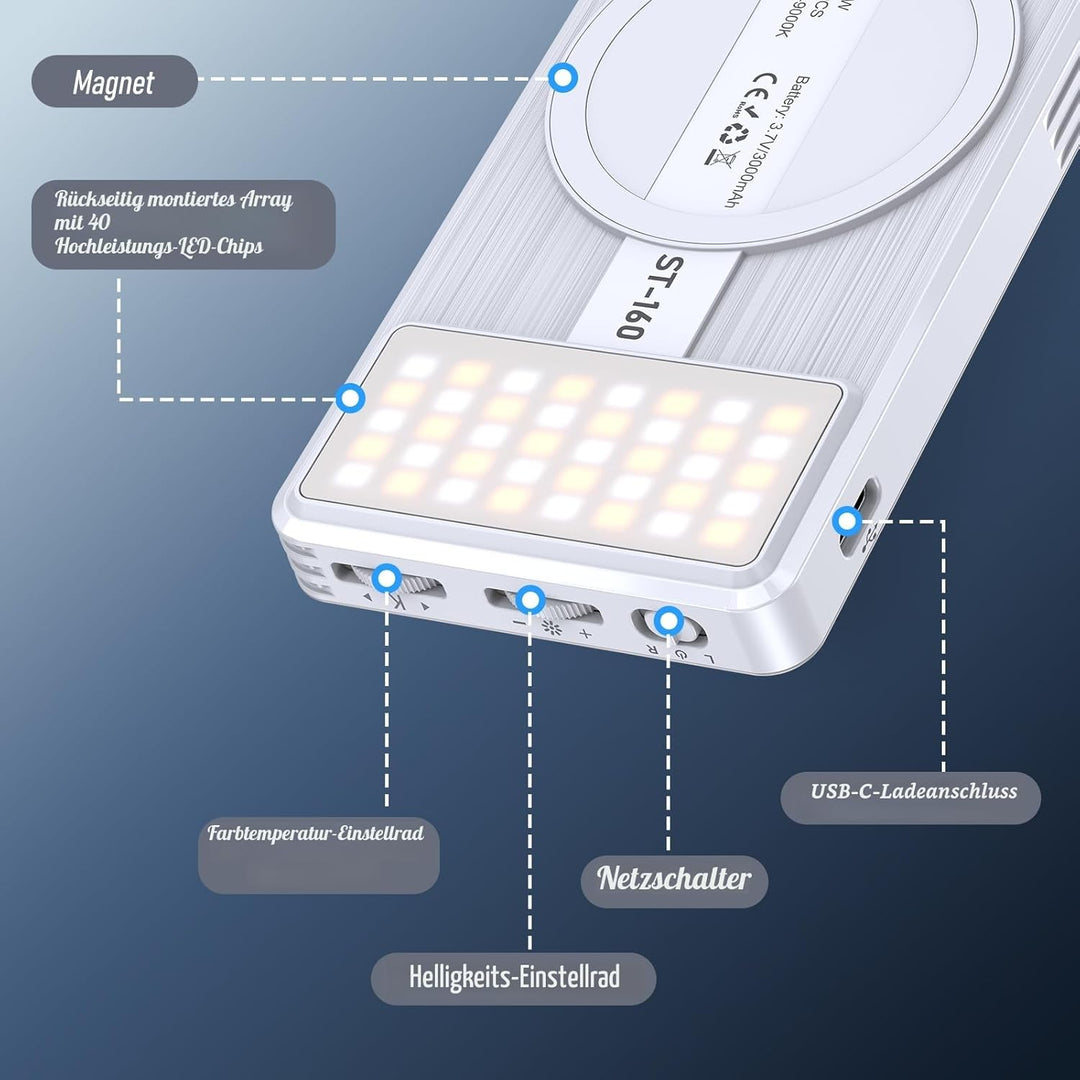 Magnetisches Selfie Licht 160 LEDs, Handy Licht kompatibel mit MagSafe & Android, 2500–9000K dimmbar