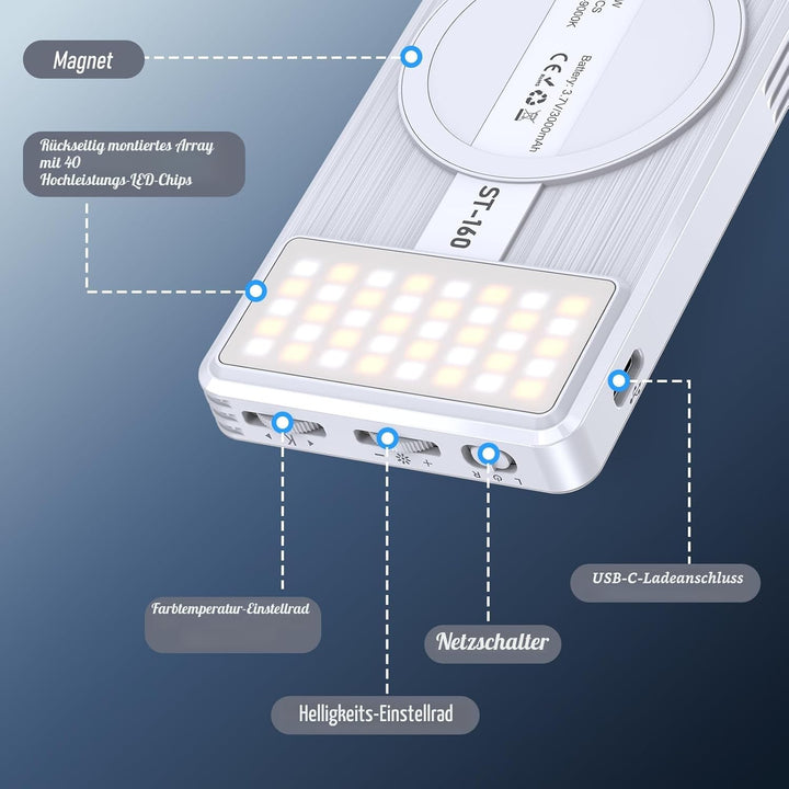 Magnetisches Selfie Licht 160 LEDs, Handy Licht kompatibel mit MagSafe & Android, 2500–9000K dimmbar