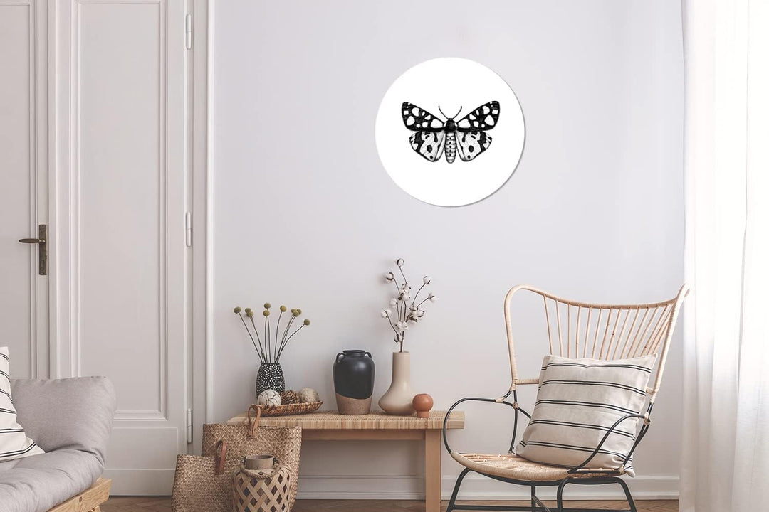 MuchoWow Wandbild Rund Wanddeko Deko Wohnzimmer Bilder 30x30 cm Schmetterling - Vintage - Schwarz un