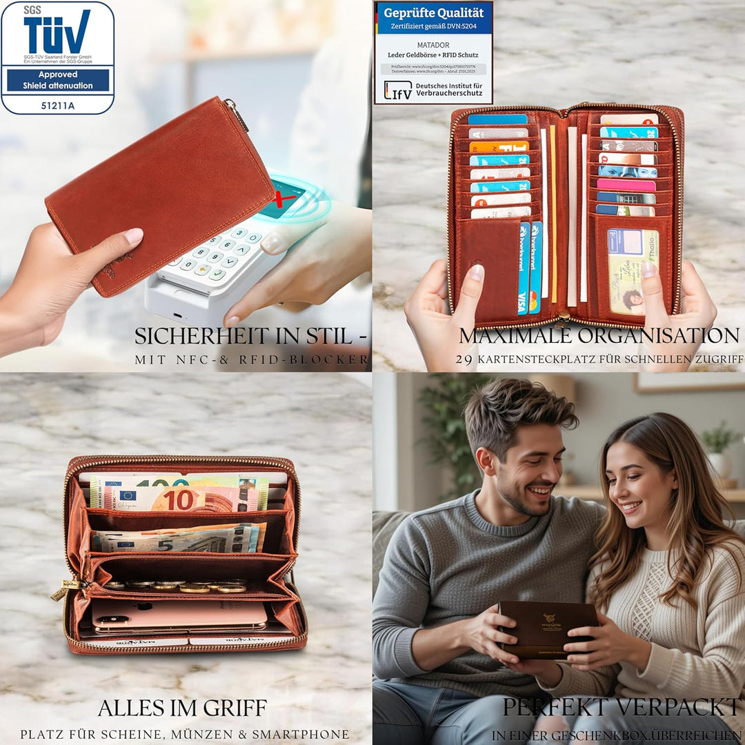 MATADOR Damen/Frauen Geldbörse mit TÜV Geprüfter RFID/NFC Schutz Hochwertige Portemonnaie Rinds Lede