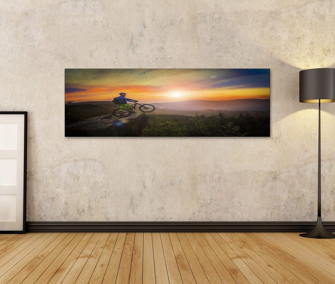 islandburner Bild auf Leinwand Mountainbiker Sonnenuntergang auf Fahrrad MTB Cross Country Downhill