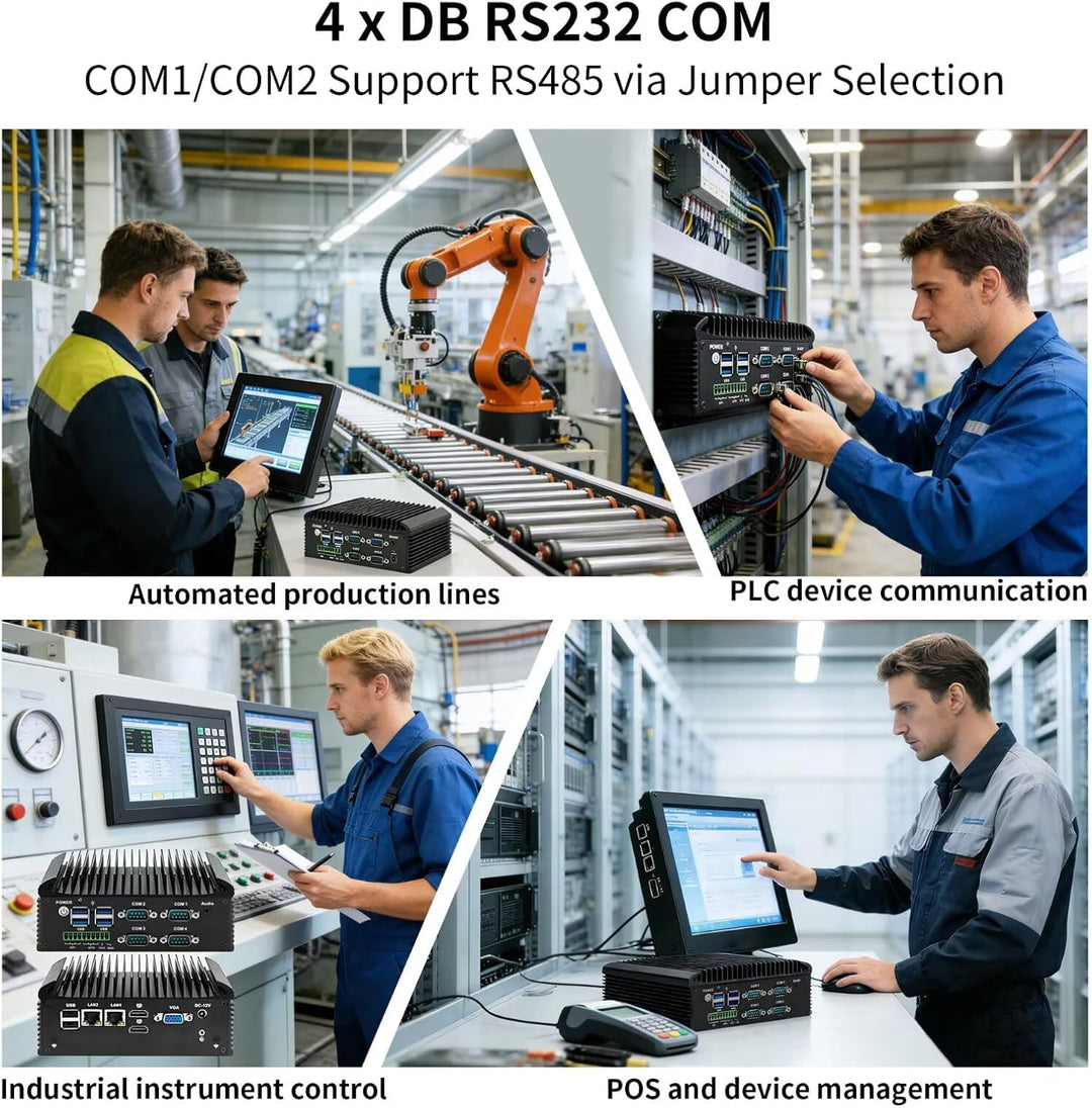 Lüfterlos PC N150(4C/4T) Industrie Mini PC, 4RS232 COM,2RJ45 LAN, 2HD+VGA Triple Display, 6USB, GPIO