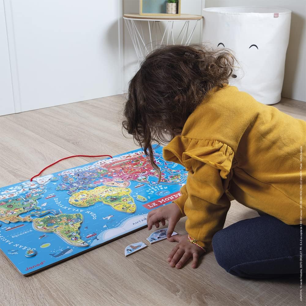 Janod - Magnetisches Weltkarten-Puzzle aus Holz, 92 magnetische Teile, 70 x 43 cm, französische Vers
