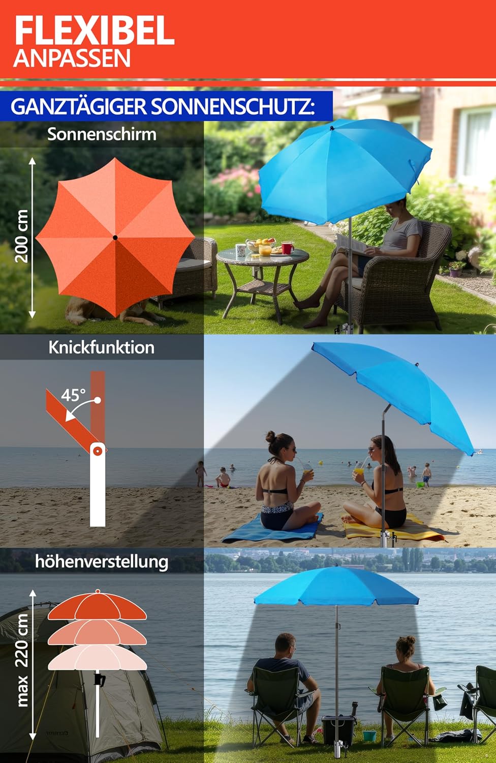 4smile Sonnenschirm Strand SET mit Eindrehbodenhülse, Ø 200 cm, Blau | Strandschirm Windfest Stabil