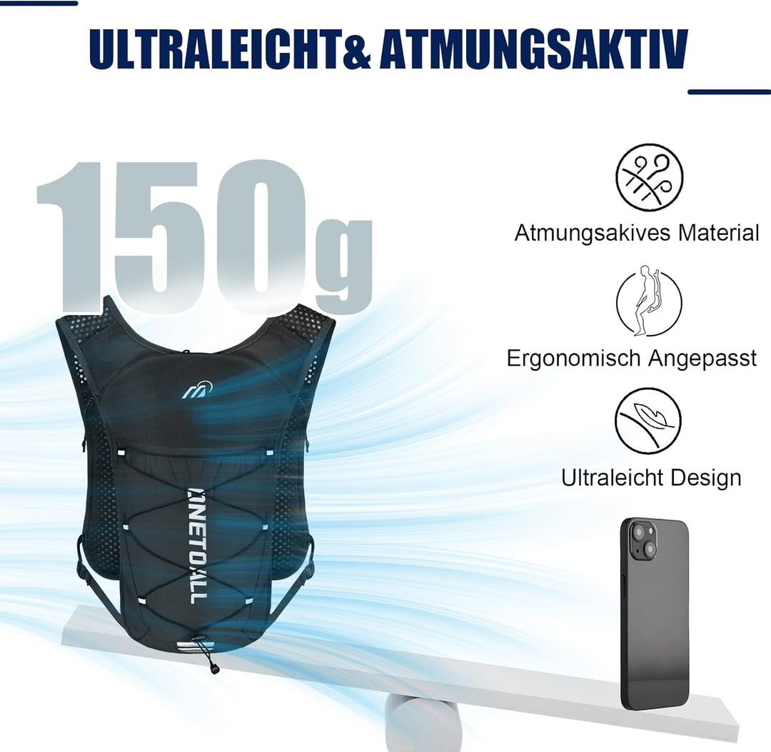 Laufweste Damen mit 500ml Trinkflasche/2L Trinkblase, Leichter Trinkrucksack Laufen Herren 6L, Runin