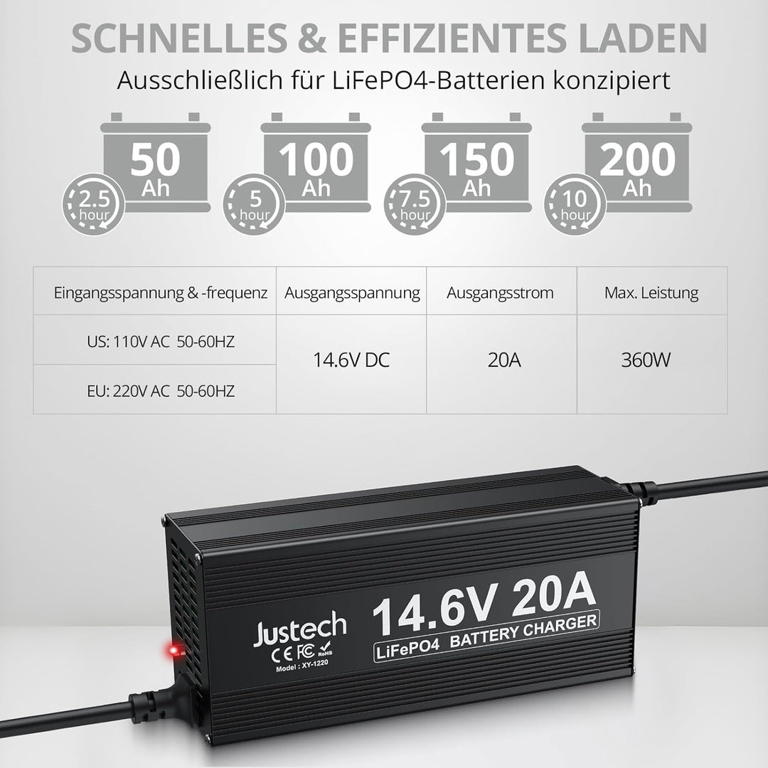Justech 20A 14.6V Ladegerät für Lithium-Eisenphosphat (LiFePO4)-Batterien, Mit umfassendem Schutz fü