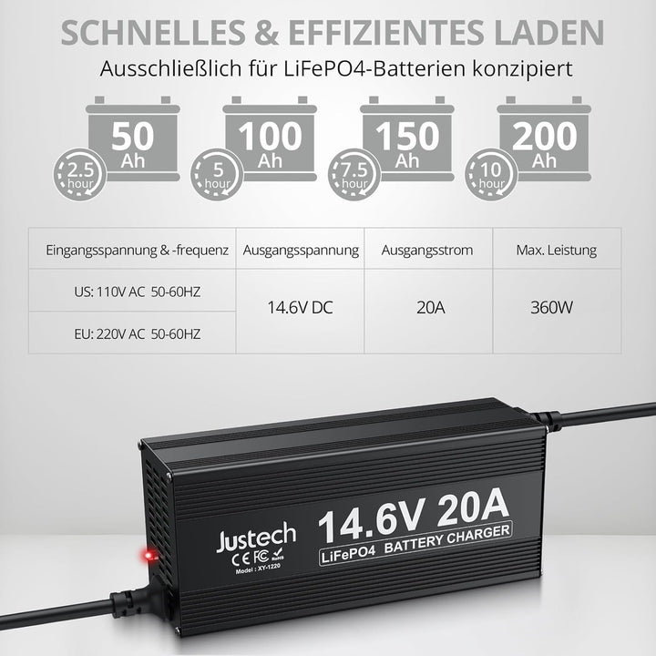 Justech 20A 14.6V Ladegerät für Lithium-Eisenphosphat (LiFePO4)-Batterien, Mit umfassendem Schutz fü