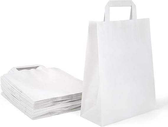 Inoverse 250 Stück Papiertragetaschen, Geschenktüten, 22+10x28 cm Papiertüten mit Henkel, Weiss Kraf