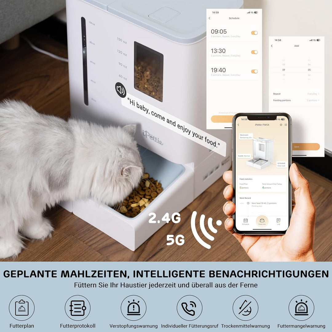 iPettie FW54 5G/2.4GHz WLAN Automatischer Futter- und Wasserspender 2-in-1 für Haustiere, 8.8L Gross