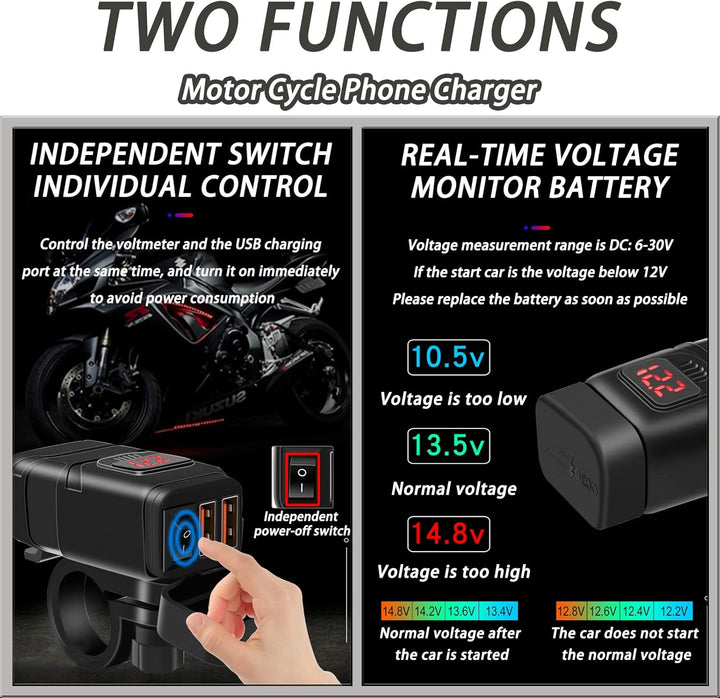 RUIZHI USB Steckdose 12V Kfz-Ladegerät, Dual-USB-Ladegerät für Motorrad QC3.0 mit wasserdichtem Volt