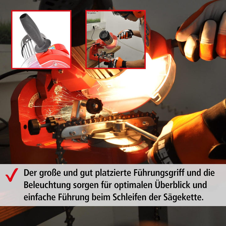 HECHT Sägeketten-Schärfgerät Kettenschärfer SET- Schleifkopf einstellbar, Kettenspannvorrichtung Ska