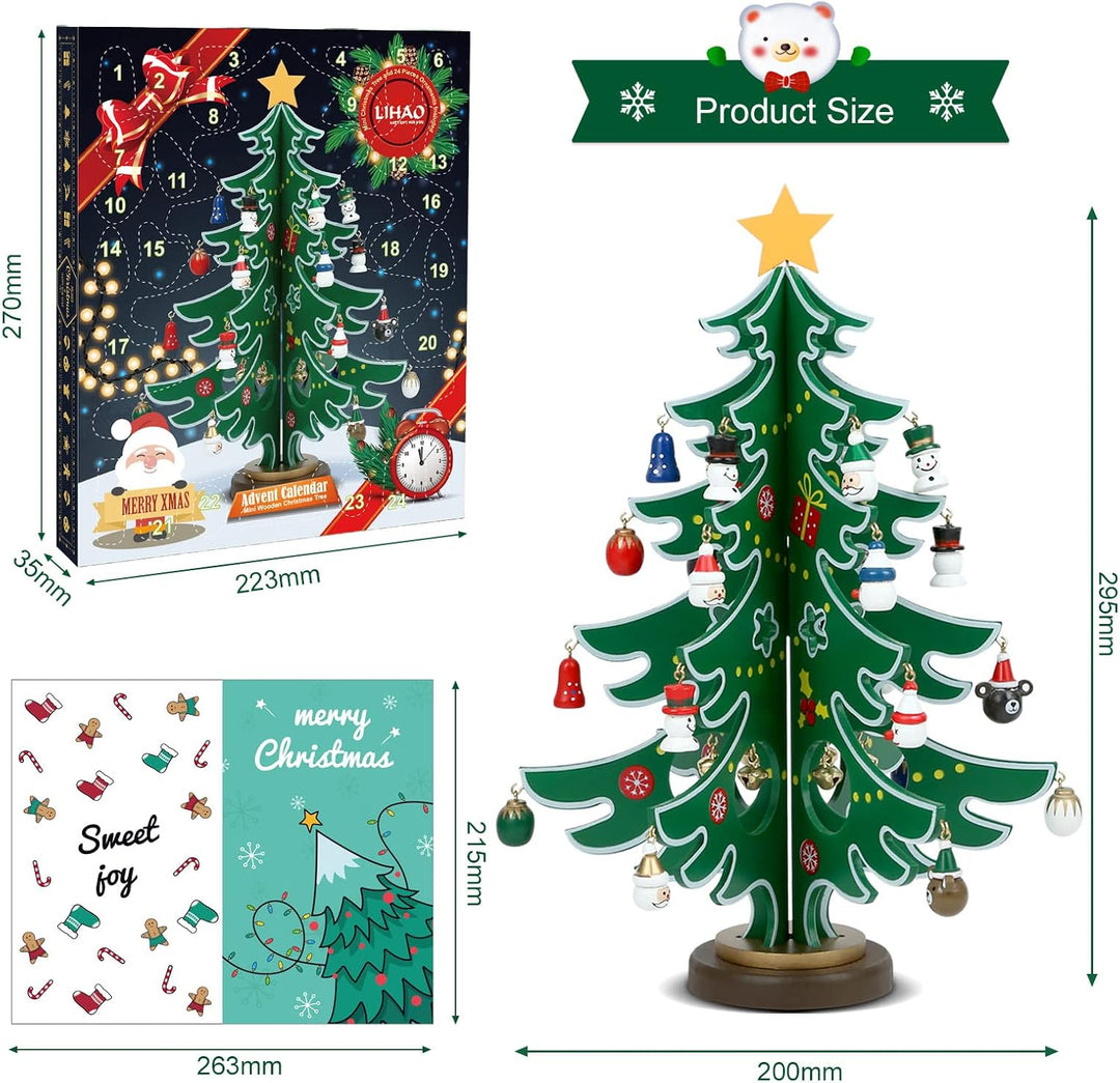LIHAO Adventskalender Mini Holz Christmas Tree Weihnachtsbaum mit 24 Anhänger Weihnachtsbaum aus Hol