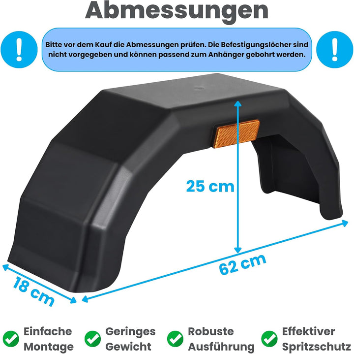 2X Anhänger Kotflügel 620x250x180mm – Schutzblech Kunststoff Schwarz mit Reflektor – Beidseitig mont