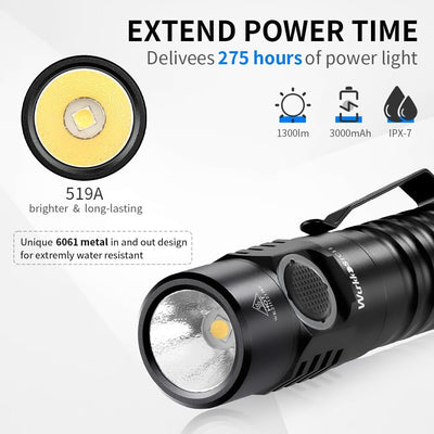 Wurkkos FC11-C LED Taschenlampe,led taschenlampe extrem hell,1300 Lumen Taschenlampe USB C Wiederauf