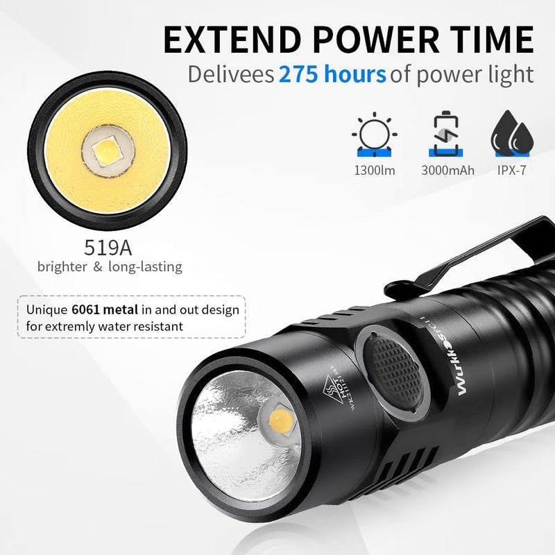 Wurkkos FC11-C LED Taschenlampe,led taschenlampe extrem hell,1300 Lumen Taschenlampe USB C Wiederauf