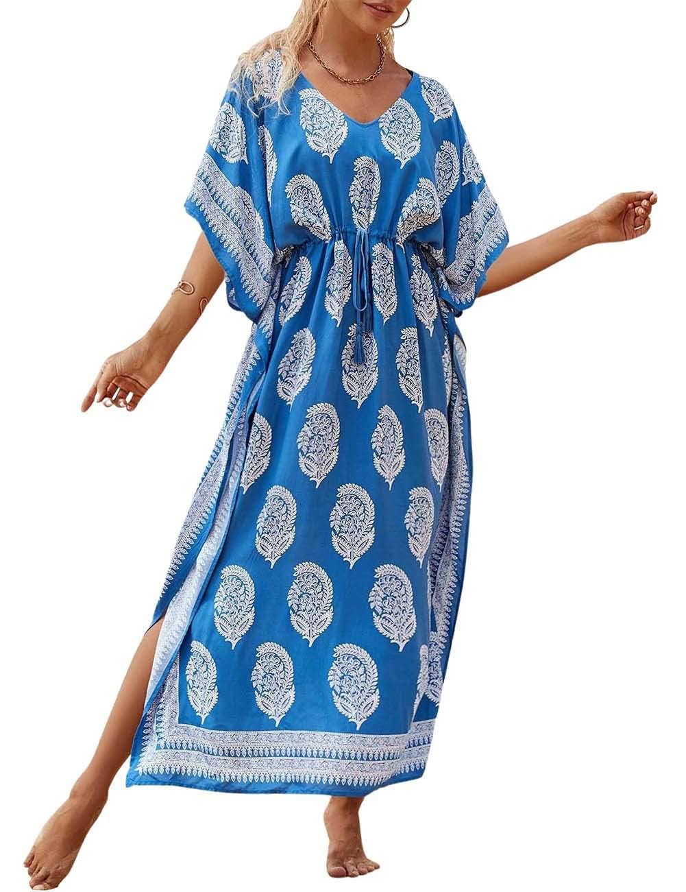 Bsubseach Damen Beachwear Türkische Kaftans Lange Strandkleid Caftan Beach Dress Blau 2, Blau 2