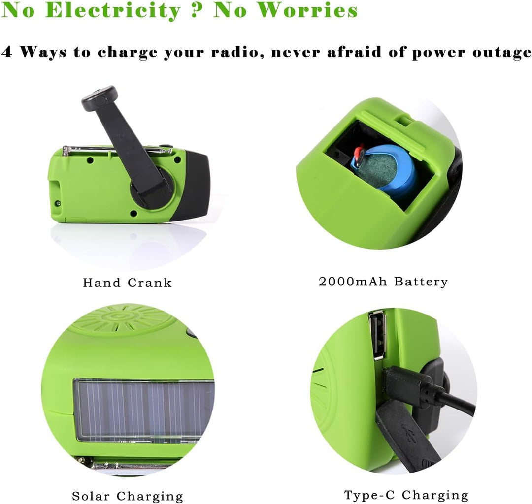 Kurbelradio mit Solar, Notfallradio SOS-Alarm 2000mAh Power Bank wiederaufladbar AM/FM Wetterradio,