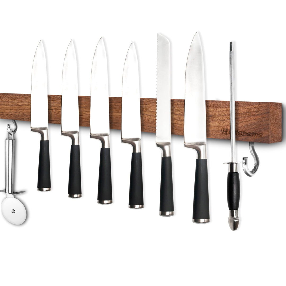 Magnetleiste Messer, Messerhalter magnetisch aus Walnussholz mit 2 Haken, 59cm Magnet Messerhalter H