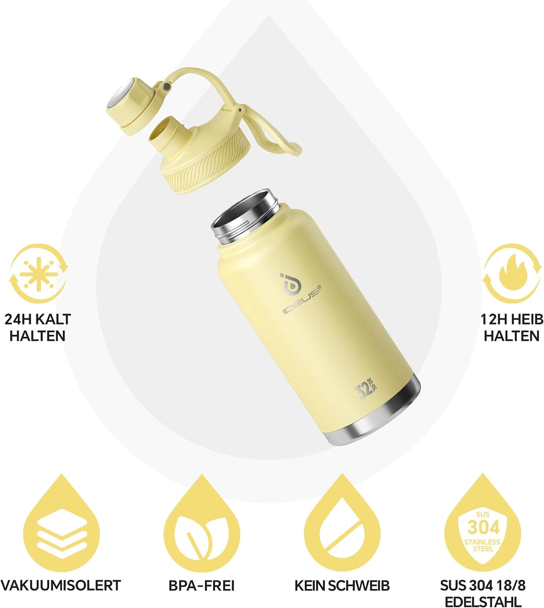 IDEUS Vakuumisolierte Wasserflasche, 32 Oz (950 ml) Edelstahl Doppelwand Flasche Metall Sport Kantin