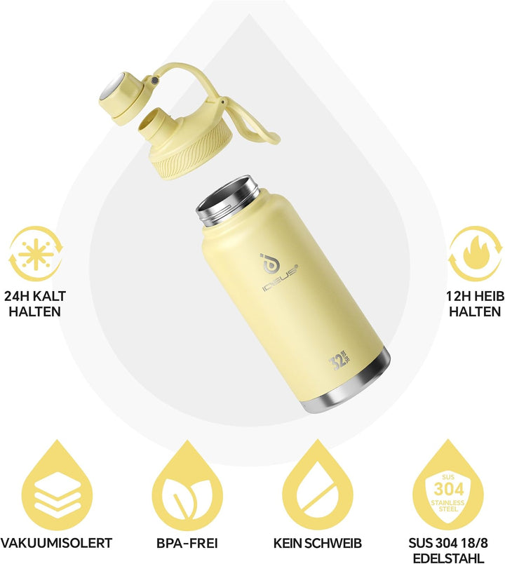 IDEUS Vakuumisolierte Wasserflasche, 32 Oz (950 ml) Edelstahl Doppelwand Flasche Metall Sport Kantin