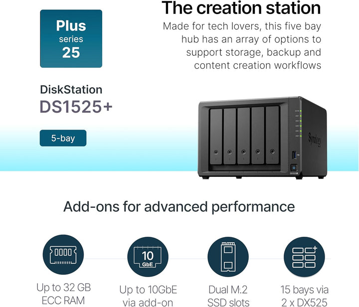 Synology Erweiterbares NAS-Kit mit 5 Schächten, DS1525+ AMD RyzenCPU mit 8 GB Speicher, 2,5 GbE Stan