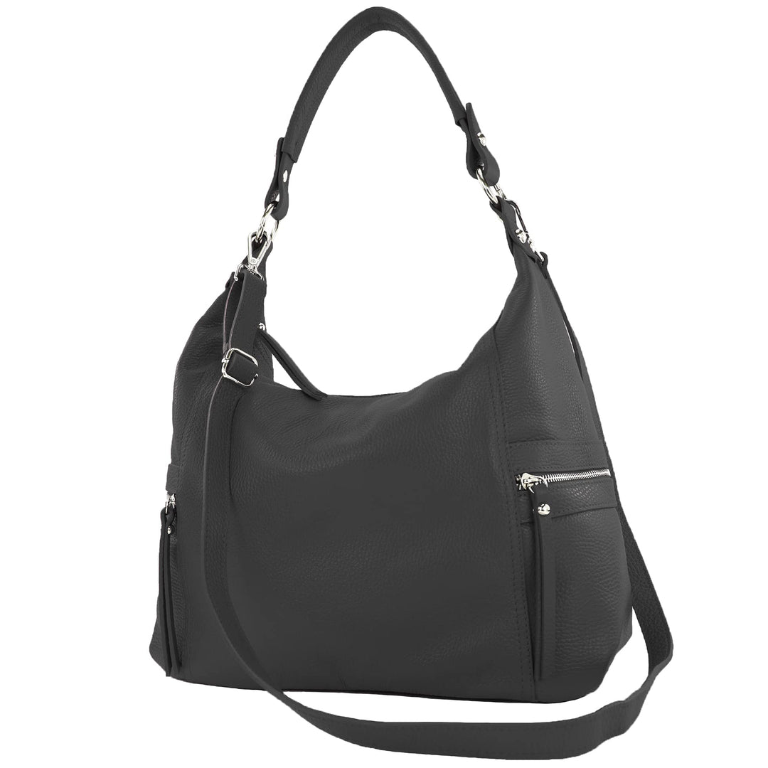 modamoda de - T229 - ital Schultertasche Shopper aus Leder Schwarz, Schwarz