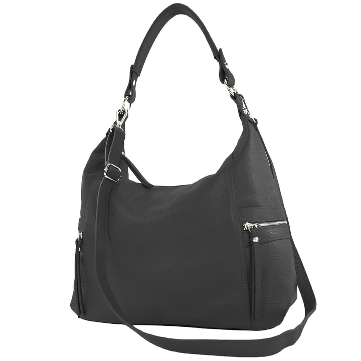 modamoda de - T229 - ital Schultertasche Shopper aus Leder Schwarz, Schwarz