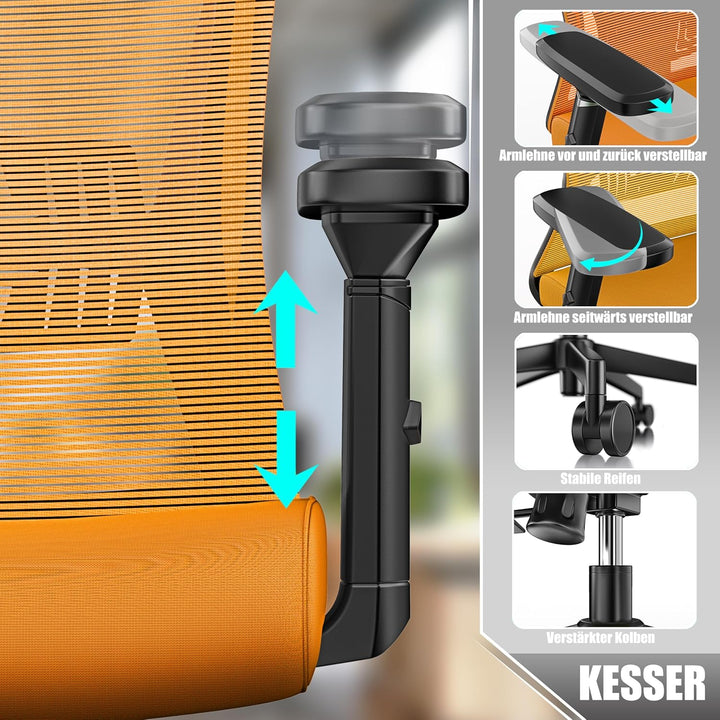 KESSER® Bürostuhl Ergonomisch mit verstellbaren Armlehnen | Drehstuhl mit Lendenwirbelstütze Rückens